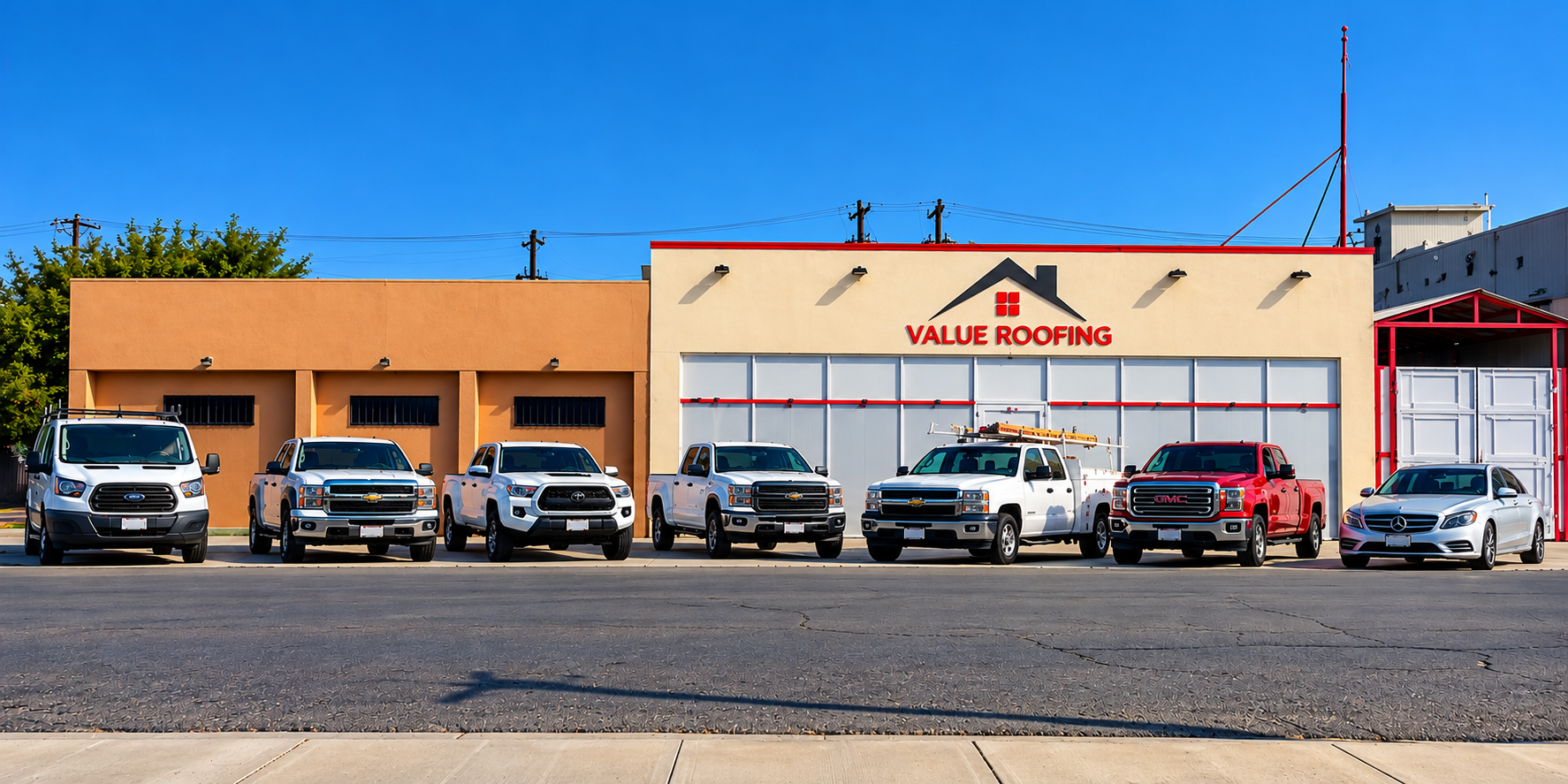 Instalaciones de Value Roofing y sus vehículos de trabajo en Bakersfield, California